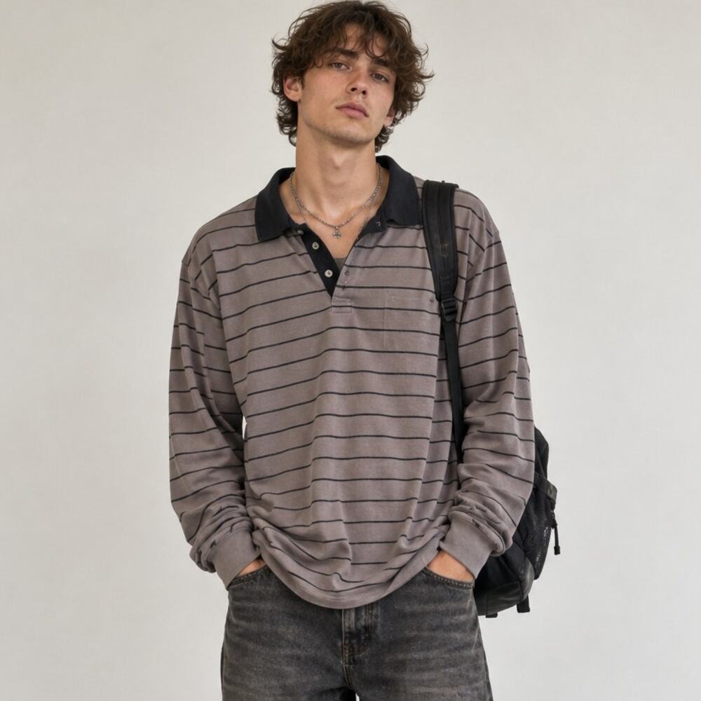 Vintage Le Tigre Striped Long Sleeve Polo Shirt Top XL Grunge Gray Black Retro